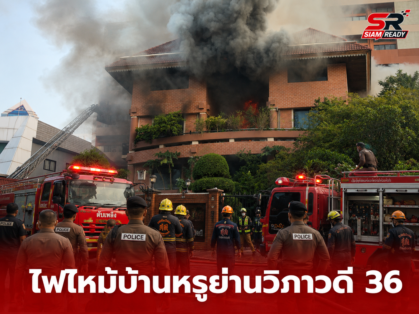 สลด! ไฟไหม้บ้านหรู 5 ชั้นย่านวิภาวดี 36 แม่บ้านหนีไม่พ้นถูกคลอกดับคาบันได