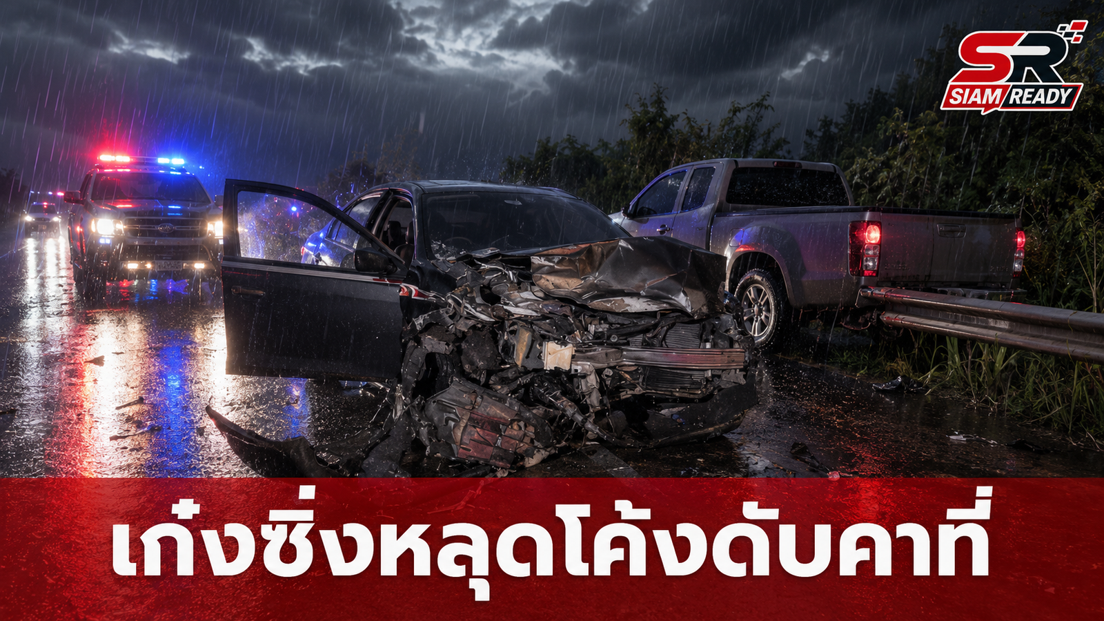 ฝนตกถนนลื่น! เก๋งเสียหลักข้ามเลนชนประสานงากระบะ ดับสลดคาที่ พบยาบ้าในรถ